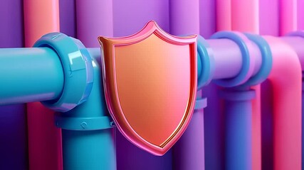 Colorful pipes with a shield emblem, showcasing vibrant hues in a creative industrial setting