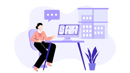 Woman video conferencing at her desk. Suitable for virtual meetings, remote work, communication, technology, business, and telecommuting concepts.