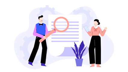 Two people analyzing a document with a magnifying glass and digital tablet. Ideal for business, teamwork, research, analysis concepts.