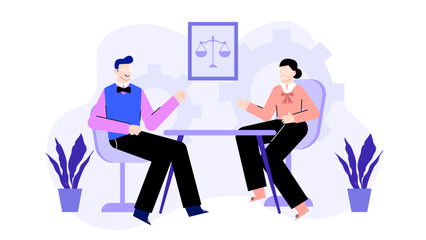 Two people discussing legal matters, suitable for law firms, attorneys, legal websites, and blog posts on legal consultation services.