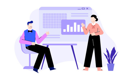 Two people presenting a bar graph during a business meeting. Ideal for presentations, reports, statistics, teamwork, corporate discussions.