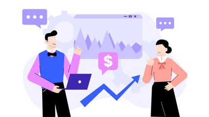 Two businesspeople analyzing financial growth chart. Suitable for financial discussions, business presentations, meeting discussions, growth strategies, and investment concepts.