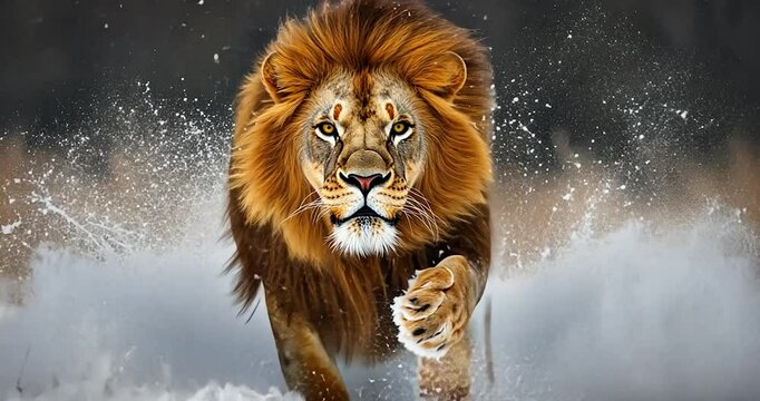 Majestic lion running through snow, splashing water.