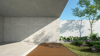 3d rendering of modern house, Minimal architecture with wooden terrace and green garden landscape, Exterior with empty travertine wall