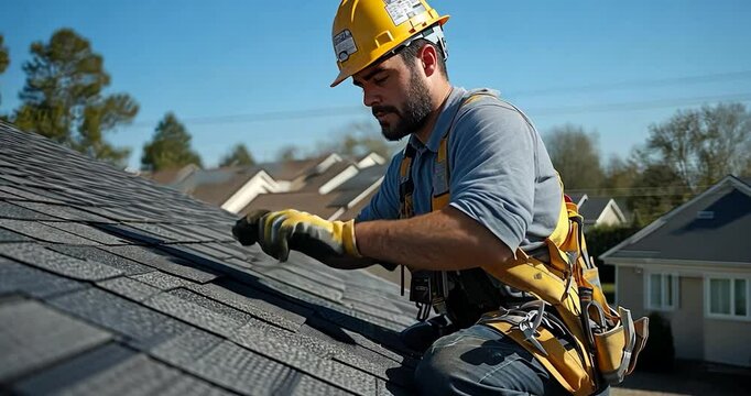 A male roofer working on a residential roof wearing safety gear on a sunny day.