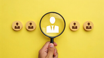 Best Job Candidate Search Concept with Magnifying Glass and Wooden Cube – Talent Recruitment and Employee Selection in Human Resources, Generative AI