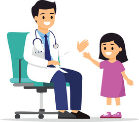 Fototapeta premium Flat vector of a male doctor having a cheerful conversation with a little girl in a hospital setting