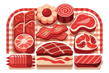 Stylized Assortment of Raw Meats on a Checked Picnic Blanket Graphic