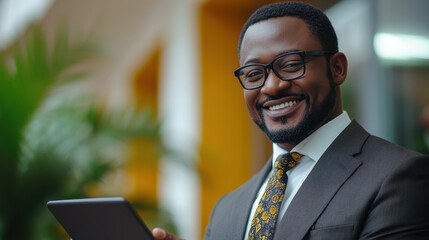 Fototapeta premium Smiling businessman using tablet PC at office