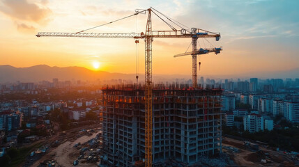 Construction site with cranes at sunset. Construction of an apartment building