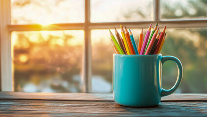 A pastel blue ceramic mug filled with vibrant, multi-colored pencils rests on a rustic, weathered wooden table by the window that frames a serene sunrise scene.