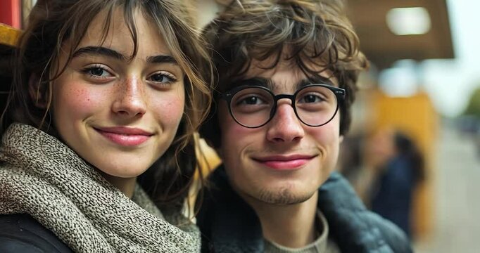 Young couple smiling, close-up portrait in library setting.