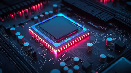 Fototapeta premium Glowing computer chip and CPU motherboard technology circuit board