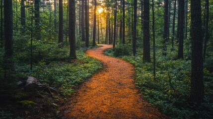 Obraz premium Winding forest path at sunrise. Sunlight filtering through trees