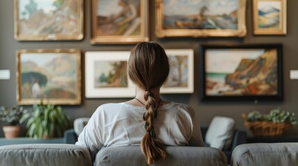 Obraz premium Rear view of young woman sitting on couch and looking at paintings on the wall, she enjoying art in gallery