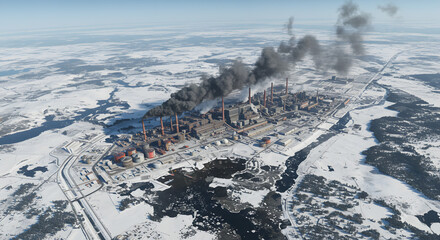 Aerial View of Industrial Factory Emitting Smoke in Winter Landscape – Environmental Pollution Concept