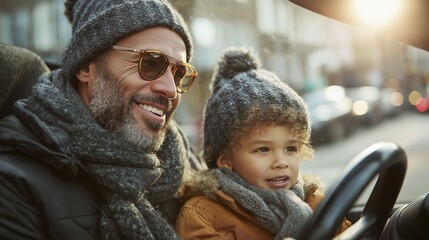 Caucasian male adult and biracial child enjoying a winter drive in cozy attire