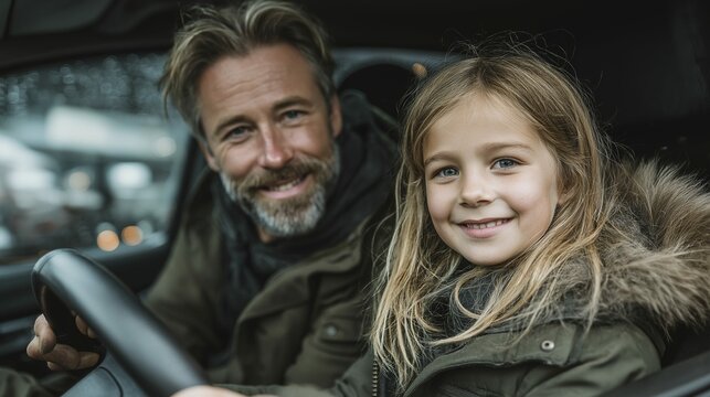 Father and daughter smiling in car on rainy day