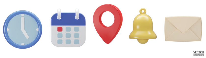 3D Date, time, address,  notification bell and mail icon set.  3D vector illustration