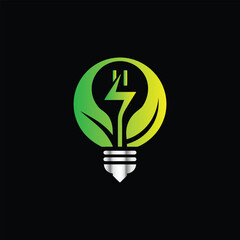 Green eco energy symbol with leaf and electric plug ,  bulb. Vector illustration. Creative eco energy logo design template. Green eco power plug with leaf. Vector illustration on black background.
