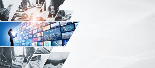 A collage of various business and technology images. Wide angle visual for banners or...