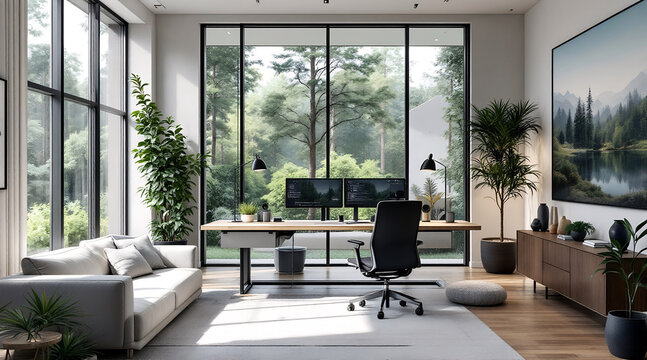 Modern home office interior design with nature views and stylish furniture aspirational workspace with comfort and productivity elements.