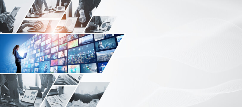 A collage of various business and technology images. Wide angle visual for banners or advertisements.