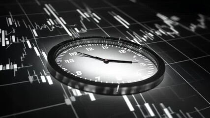 Modern clock on digital financial data background showcasing time management and analytics - Powered by Adobe