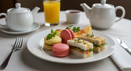 Delightful Afternoon Tea: A delectable spread of miniature sandwiches, colorful macarons, and refreshing orange juice awaits.