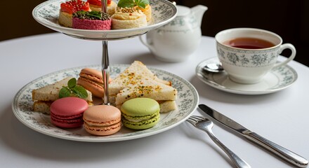 Indulge in an Elegant Afternoon Tea: Delicate Sandwiches, Macarons, and Exquisite Pastries Await