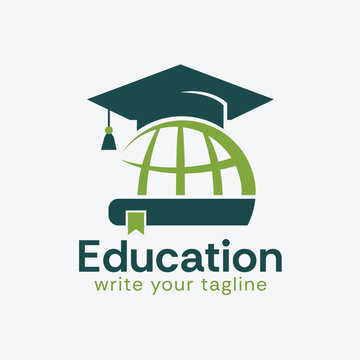 Global Academic Success: Modern Education Primary Logo Design with Graduation Cap, Book, and World Globe Icon