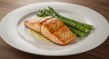 Pan-Seared Salmon with Roasted Asparagus, a Gourmet Delight Served on a Pristine White Plate.
