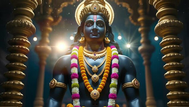 Hindu Deity Illustration: A striking illustration of a revered hindu deity adorned with garlands and gold jewelry, standing within ornate architectural pillars, emanating divine power.