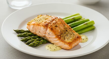 Indulge in this delectable dish: perfectly pan-seared salmon fillet, delicately seasoned and adorned with vibrant, freshly steamed asparagus spears, all drizzled with a creamy, herb-infused sauce.