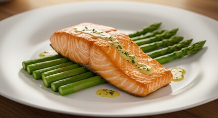 Indulge in the exquisite flavors of pan-seared salmon, delicately drizzled with a vibrant herb sauce, and perfectly complemented by tender asparagus spears.