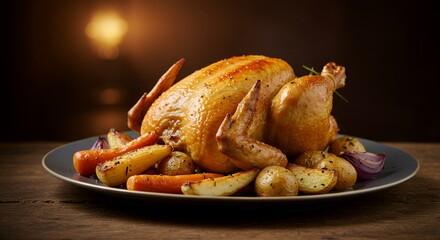 Golden-brown roasted chicken, glistening with savory juices, sits majestically on a rustic wooden table, surrounded by perfectly roasted root vegetables, creating a heartwarming and delicious feast.