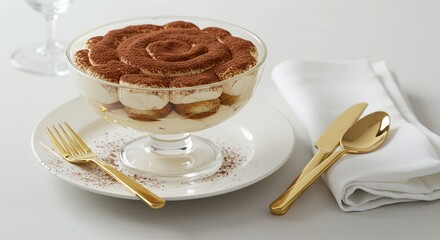 Indulge in the Decadent Delight of a Perfectly Crafted Tiramisu, Served in a Crystal Bowl, Ready to Savor Every Bite.