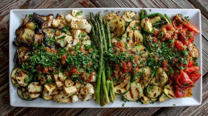 Grilled vegetable platter with eggplant, zucchini, and asparagus on white
