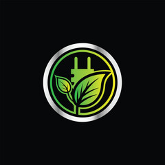 Green eco energy symbol with leaf and electric plug ,  bulb. Vector illustration. Creative eco energy logo design template. Green eco power plug with leaf. Vector illustration on black background.