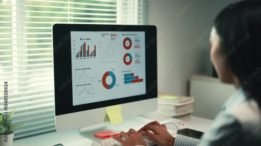 Aufkleber Businesswoman working with statistical charts and graphs on computer, analyzing financial data in office