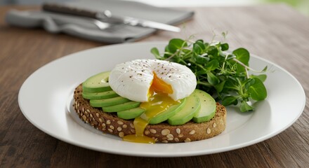 Indulge in a delightful breakfast of perfectly poached eggs atop creamy avocado slices on multigrain toast, garnished with vibrant microgreens.
