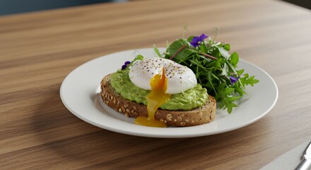 Indulge in a Gourmet Delight: Perfectly Poached Egg atop Creamy Avocado Toast with a Side of Vibrant Greens