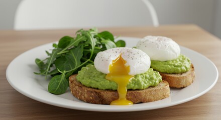 Indulge in a delightful breakfast of perfectly poached eggs atop creamy avocado toast, garnished with fresh arugula for a vibrant and healthy start to your day.