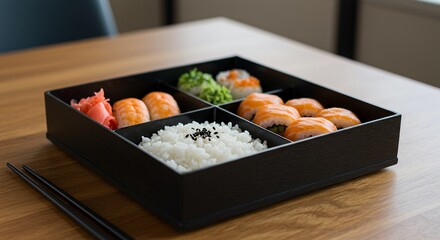 Indulge in a delectable Japanese bento box brimming with fresh sushi, vibrant pickled ginger, and fluffy white rice, a perfect culinary journey in a single box.