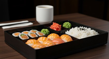 Indulge in this exquisite Japanese bento box, a delightful array of fresh sushi, rice, and vibrant garnishes, perfectly presented for a sophisticated culinary experience.