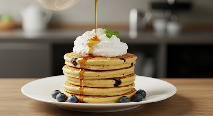 Indulge in the fluffy perfection of a stack of blueberry pancakes, drizzled with golden syrup and topped with a dollop of creamy whipped cream, a delightful breakfast treat.