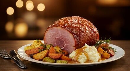 Indulge in the warmth of a perfectly roasted holiday ham, complemented by creamy mashed potatoes, roasted root vegetables, and a rich gravy, a festive feast for the senses.