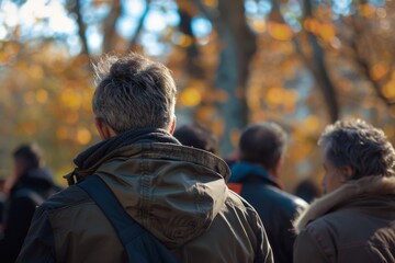 Rear view of a man with gray hair walking in the autumn park.