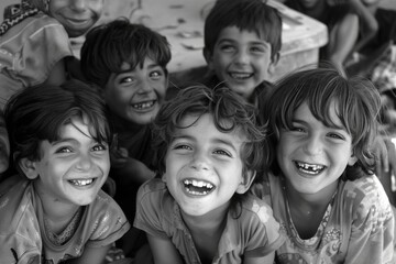Group of happy children smiling at the camera. Black and white image.