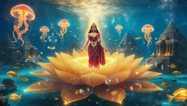 Hindu Goddess Lakshmi on Lotus: Goddess Lakshmi is floating on a large golden lotus with jellyfish and little fish in underwater temple background.